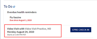 MyUCDavisHealth screenshot showing a portion of Step 1, including a "To Do" screen with a "Video Visit" appointment section