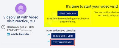 MyUCDavisHealth screenshot showing a portion of Step 3, including a "Test Hardware" button on a screen that includes the text "It's time to start your video visit!"