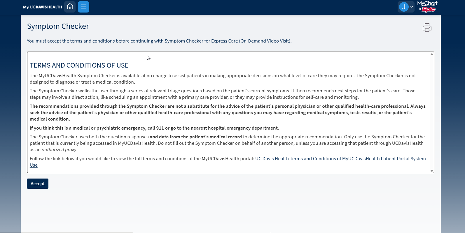 MyUCDavisHealth screenshot showing a portion of Step 2, including an "Symptom Checker" screen that includes Terms and Conditions and an "Accept" button