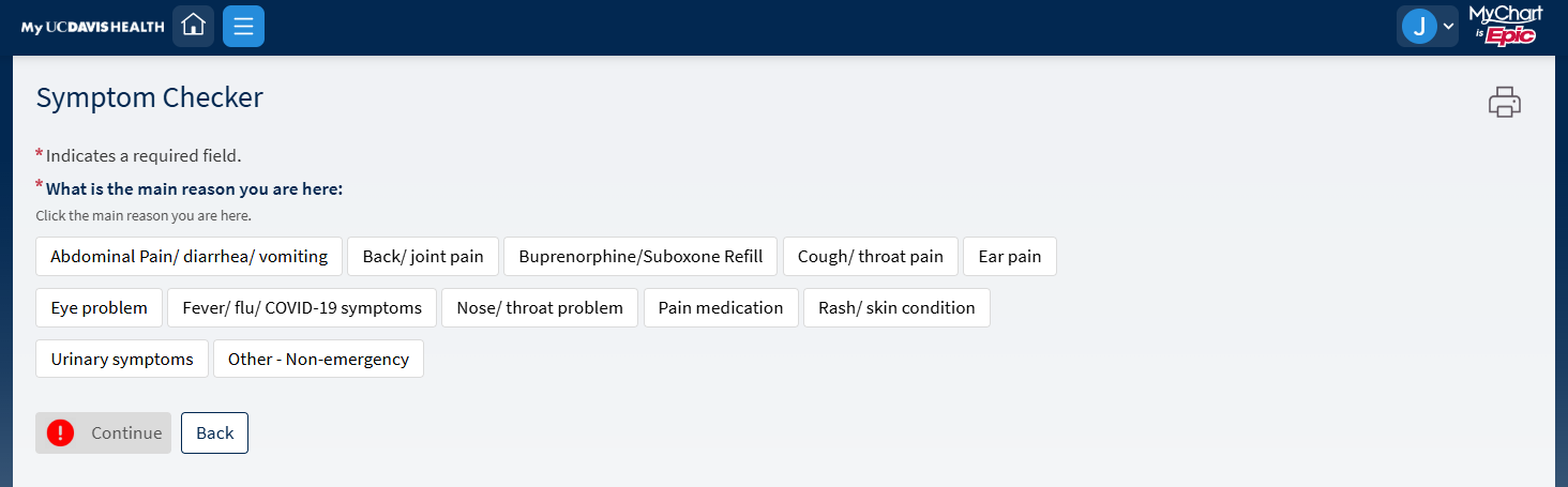 MyUCDavisHealth screenshot showing a portion of Step 5, including a "Symptom Checker" screen that includes a range of health condition boxes/buttons and a "Continue" button