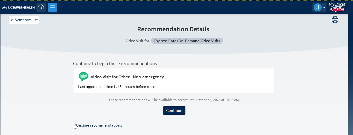 MyUCDavisHealth screenshot showing a portion of Step 6, including a "Recommendation Details" screen that includes a recommended type of video visit and a "Continue" button