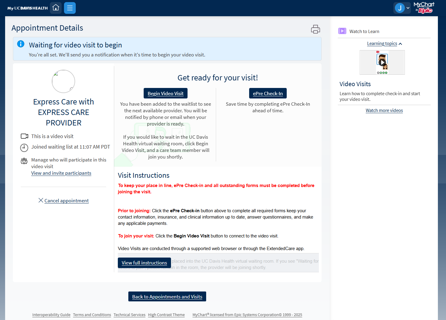 MyUCDavisHealth screenshot showing a portion of Step 10, including an "Appointment Details" screen with the message "Waiting for video visit to begin"