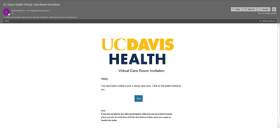 Screenshot showing a portion of Step 1, including a UC Davis Health logo, the header "Virtual Care Room Invitiation," and a "Join" button