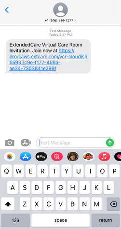 Text message screenshot showing appearance of the ExtendedCare Virtual Care Room location link