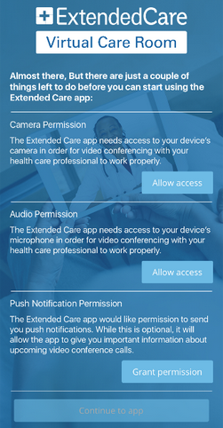 Extended Care Cloud app screenshot showing a portion of Step 4, including a list of permissions questions with action buttons next to each