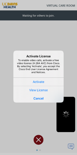 MyUCDavisHealth screenshot showing a portion of Step 5, including a "Virtual Care Room" screen that includes "Activate License" buttons