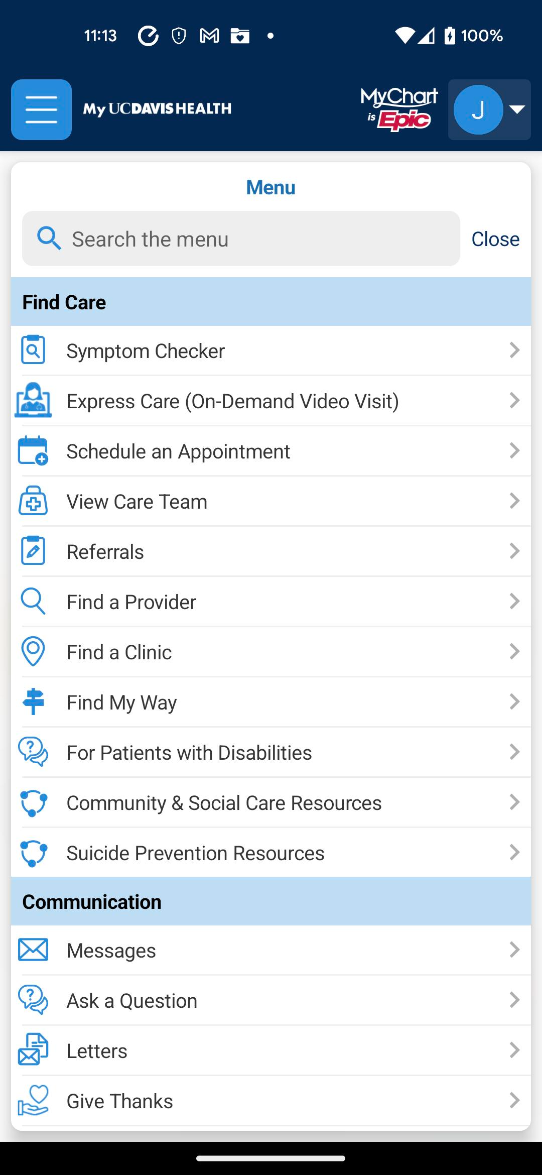 MyUCDavisHealth screenshot showing a portion of Step 1, including a menu drop-down screen that includes an "Express Care (On-Demand Video Visit" button