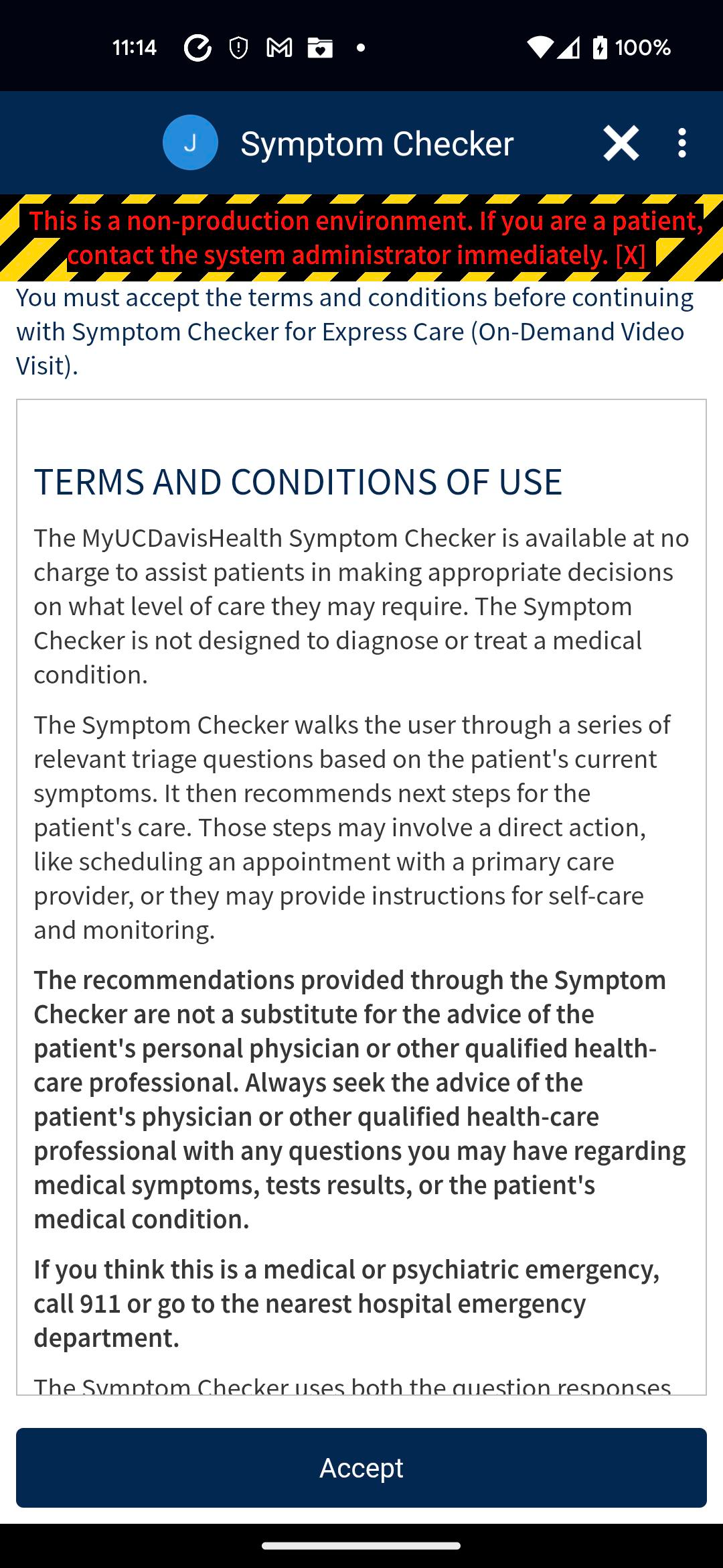 MyUCDavisHealth screenshot showing a portion of Step 2, including a "Symptom Checker" screen that includes "Terms and Conditions of Use" and an "Accept" button