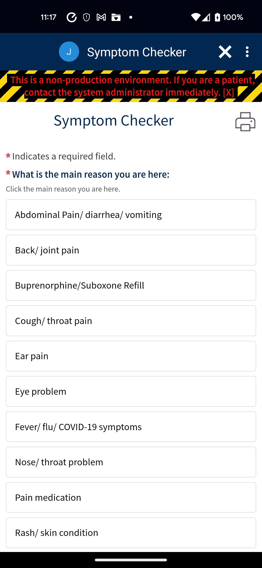 MyUCDavisHealth screenshot showing a portion of Step 5, including a "Symptom Checker" screen that includes a range of health condition boxes/buttons