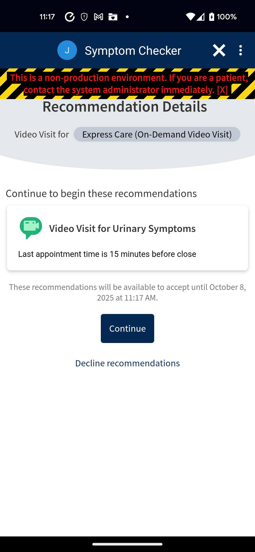 MyUCDavisHealth screenshot showing a portion of Step 6, including a "Recommendation Details" screen that includes a recommended type of video visit and a "Continue" button