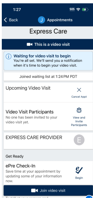 MyUCDavisHealth screenshot showing a portion of Step 10, including an "Express Care" screen that includes text saying "Waiting for video visit to begin"