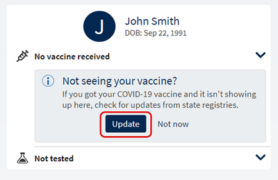MyUCDavisHealth screenshot showing a portion of Step 1, including a "Not seeing your vaccine" module with an "Update" button