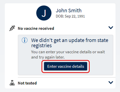 MyUCDavisHealth screenshot showing a portion of Step 2, including a "We didn't get an update from state registries" message with an "Enter vaccine details" button
