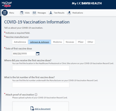 MyUCDavisHealth screenshot showing a portion of Step 2, including a "COVID-19 Vaccination Information" screen with data entry fields