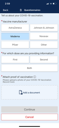 MyUCDavisHealth screenshot showing a portion of Step 2, including a "Questionnaires" message with buttons for entering vaccine details