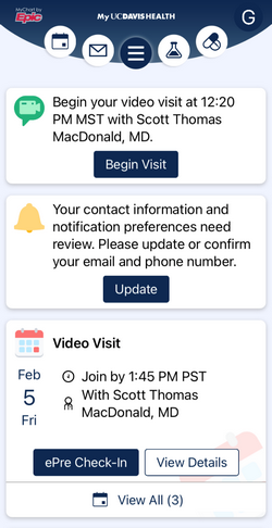 MyUCDavisHealth screenshot showing a portion of Step 1, including an "ePre Check-In" button in a "Video Visit" section 