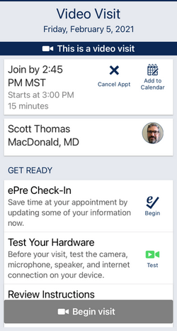 MyUCDavisHealth screenshot showing a portion of Step 2, including a "Begin Visit" button on a "Video Visit" screen