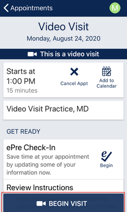 MyUCDavisHealth screenshot showing a portion of Step 3, including a "Begin Visit" button on another "Video Visit" screen