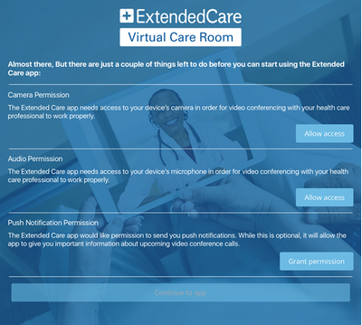 Extended Care Cloud app screenshot showing a portion of Step 5, including a list of permissions questions with action buttons next to each