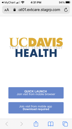 MyUCDavisHealth screenshot showing a portion of Step 2, including a "Quick Launch - Join visit from mobile browser" button