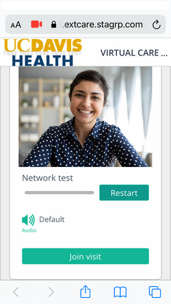 MyUCDavisHealth screenshot showing a portion of Step 3, including a"Join Visit" button on a "Network Test" screen