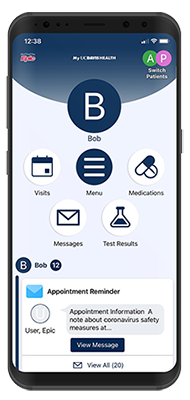 MyUCDavisHealth home screen pictured on a mobile device