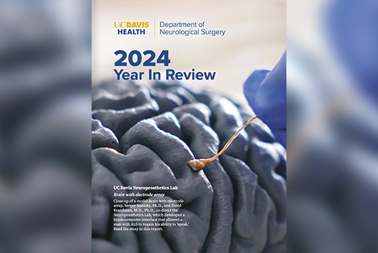 A close up of a model brain with an electrode array. Text reads as 2024 Year in Review