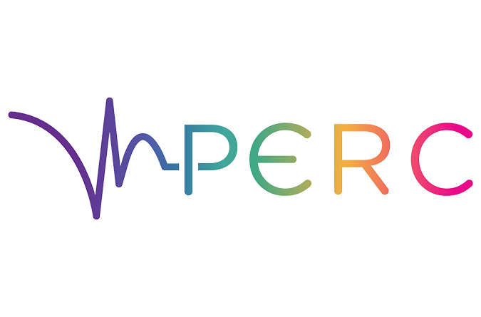 A rainbow colored logo with an emg line and text that reads PERC