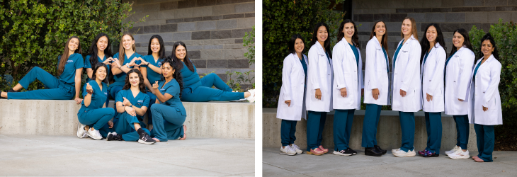 Photo of OB-GYN residents outdoors in blue scrubs and another photo in white coats.