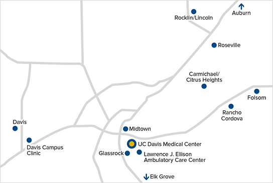 clinic locations map, showing uc davis clinics within the radius of auburn, elk grove, davis and folsom