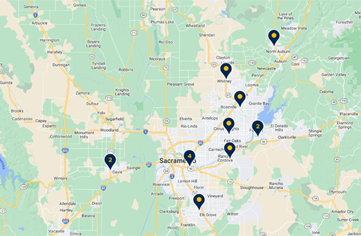 screenshot of the primary care clinic map locator tool, showing an example of map markers or pins on cities in the Sacramento region