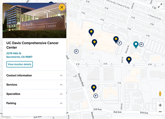close-up screenshot of map tool, showing an example of map markers or pins on buildings around UC Davis Medical Center