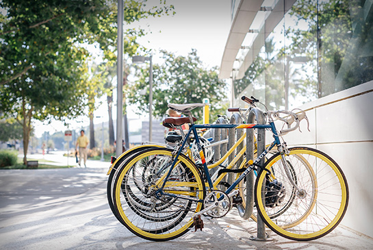 Bikes lined up on UC Davis Health campus in Sacramento