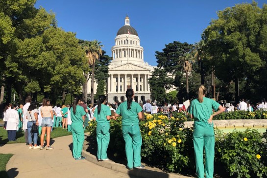 Residents and fellows in front of the state capitol with signs to promote health care in the area