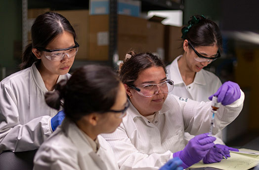 Four Researchers wearing white coats examine samples in lab