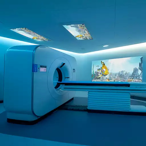 CT simulator with ambient patient experience design, displaying underwater visuals to create a calming environment