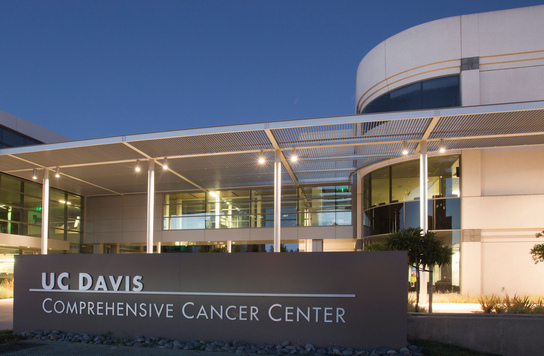 UC Davis Comprehensive Cancer Center south pavillion as seen in the evening