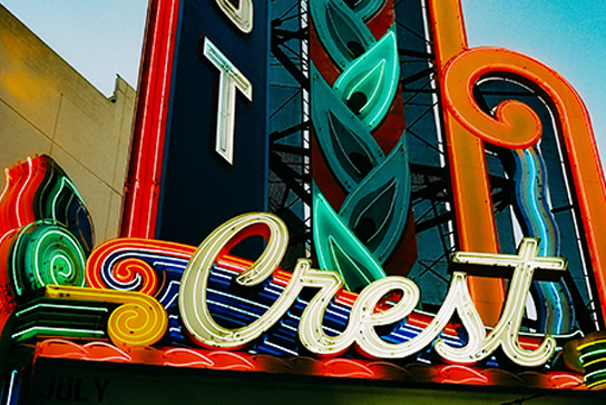 Theater exterior with the word crest in large letters